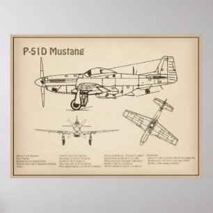 Poster P-51D Mustang - Avião Blueprint SD
