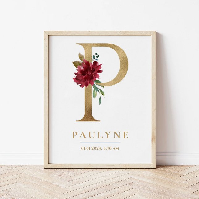 Poster P - Letra Monograma Nome Marsala Floral Nursery (Criador carregado)