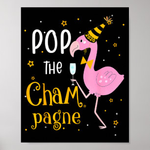Poster P O Champanhe É Ano Novo! Flamingo Engraçado Bebid
