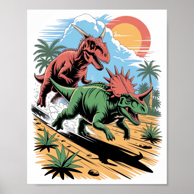 Poster Pachyrhinossauro correndo sobre um Carnotaurus (Frente)