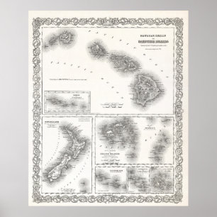 POSTER PACÍFICO DO SUL E ILHAS HAWAII MAPA 1855