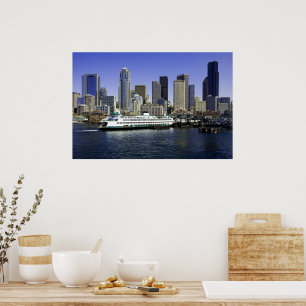 Poster Pacífico Noroeste de Seattle Ferry e Edifícios
