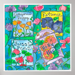 Pôster Pacotes da semente de flor da aguarela