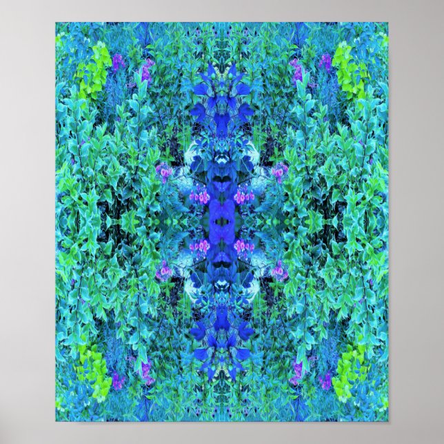 Poster Padrão Abstrato de Folhagem em Chartreuse e Azul (Frente)