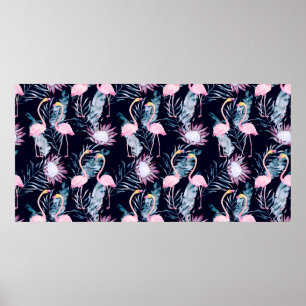 Poster padrão abstrato tropical com flamingo, protea, l