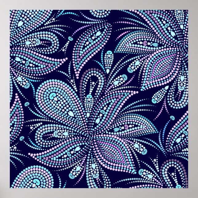 Poster Padrão azul cotado com paisley e miçangas. Orname (Frente)
