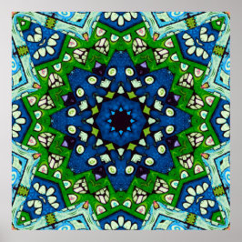 Poster Padrão Azul Verde-Mosaico Mandala Retro