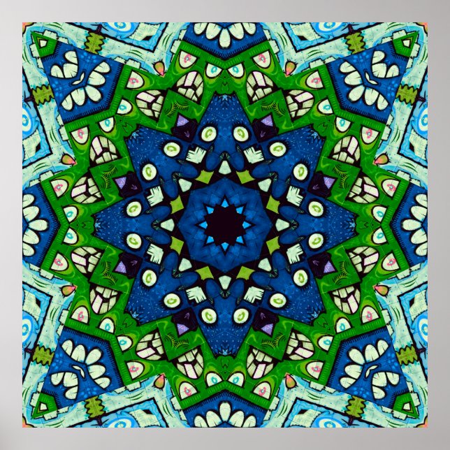 Poster Padrão Azul Verde-Mosaico Mandala Retro (Frente)
