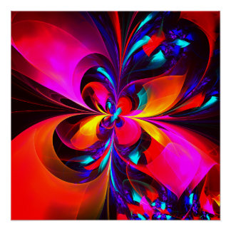 Pôster Padrão Azul Vermelho Abstrato Floral Moderno #07