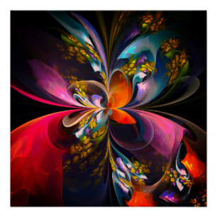 Pôster Padrão Azul Vermelho Abstrato Floral Moderno #13