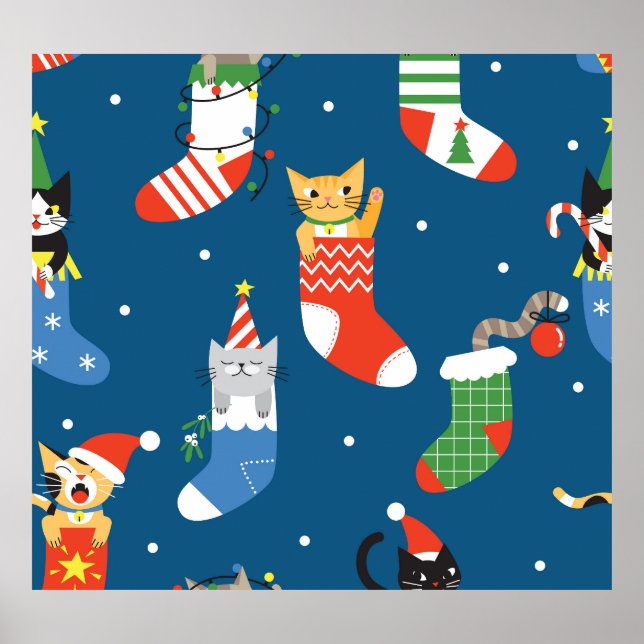 Poster Padrão Bonito de Gatos de Cartoon de Natal (Frente)