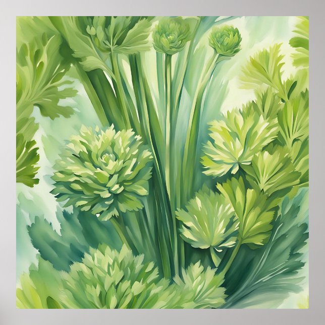 Poster Padrão Botânico Verde de Aipo Luxuriante (Frente)