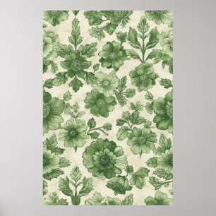 Poster Padrão Botânico Verde Vintage Desenhado À Mão