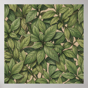 Poster Padrão Botânico Vintage de Folha Verde Sem Costura