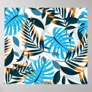 Poster Padrão Branco Brilhante de Folhas Tropicais