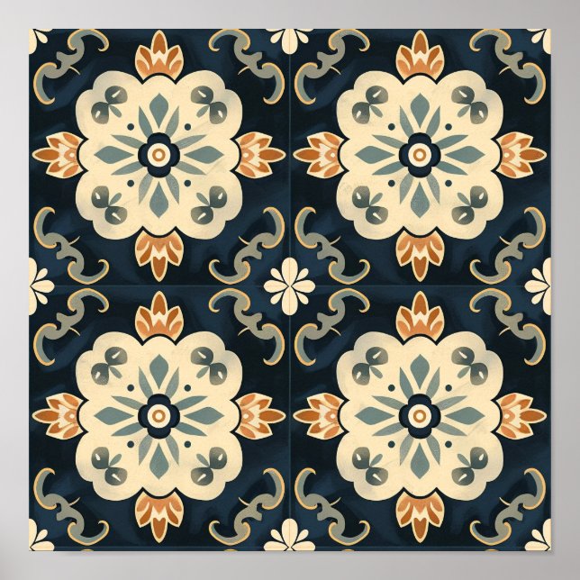 Poster Padrão Branco e Azul Neo-Tradicional com Teles (Frente)