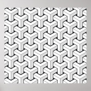 Poster Padrão Branco Negro de Cubos Isométricos