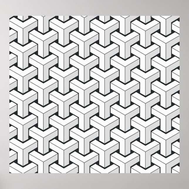 Poster Padrão Branco Negro de Cubos Isométricos (Frente)