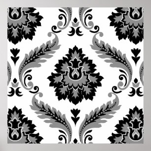 Poster Padrão Cinza Preto Branco Rococó Damasko Grande