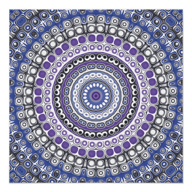 Pôster Padrão Circular Geométrico Mandala Azul e Roxo (Frente)