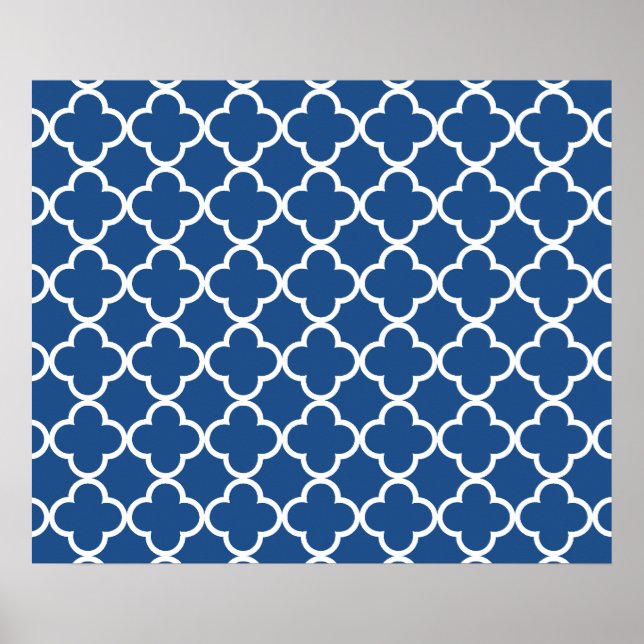 Pôster Padrão Clássico de Quatrefoil Branco e Azul (Frente)