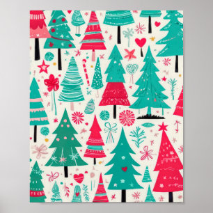 Poster Padrão Colorido de Árvore de Natal Desenhado à Mão