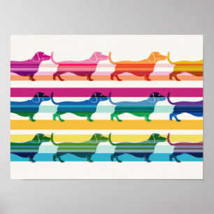 Poster Padrão Colorido de Dachshund Listras Retrô