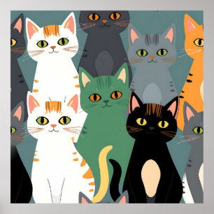 Poster Padrão Colorido de Gatos de Desenho Animado em Mul