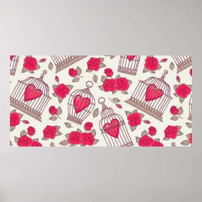 Poster Padrão contínuo com flores e gaiolas de pássaros.  (Frente)