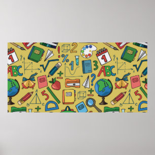 Poster Padrão contínuo com material escolar sobre um amar