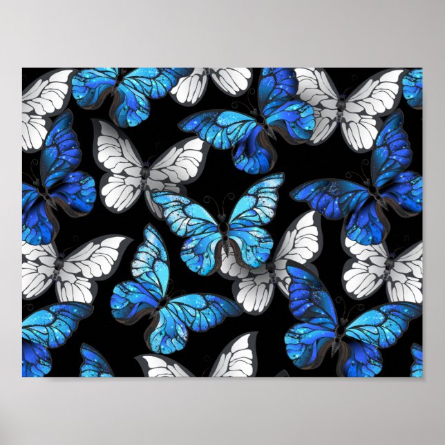 Poster Padrão contínuo escuro com borboletas azuis Morpho (Frente)