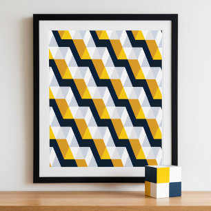 Poster Padrão Cúbico Geométrico em Amarelo e Branco