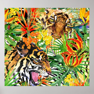 Poster Padrão da selva de cor da água do Tigre Tropical