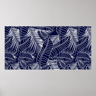 Poster padrão das folhas tropicais no fundo azul marinho