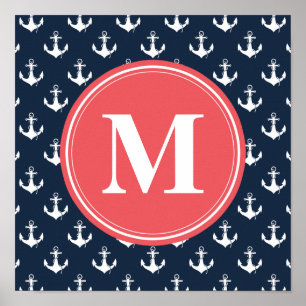 Pôster Padrão de âncora azul Marinho monograma