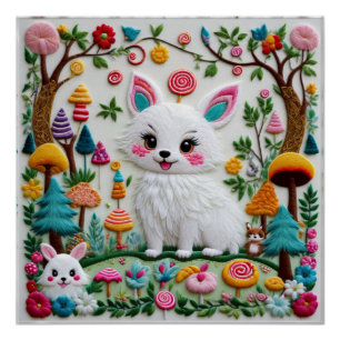 Pôster Padrão de Animais de Embroiderme Kawaii altamente 