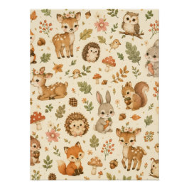 Pôster Padrão de aquarela de animais da floresta de madei