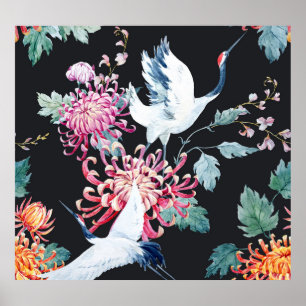 Poster Padrão de Aquarela de Crane Vermelha Chrysanthemum