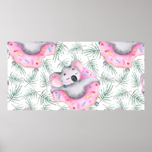 Poster Padrão de aquarela pintada à mão com koala tropica