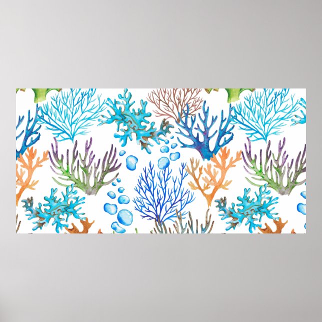 Poster Padrão de aquarelas desenhado à mão com corais. Un (Frente)