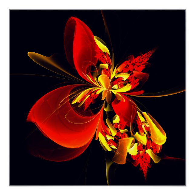 Pôster Padrão de Arte Abstrata Floral Amarelo Vermelho Mo (Frente)