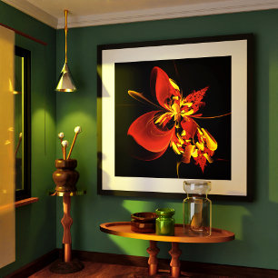 Poster Padrão de Arte Abstrata Floral Amarelo Vermelho Mo