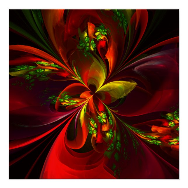 Pôster Padrão de Arte Abstrata Floral Vermelha Verde Mode (Frente)