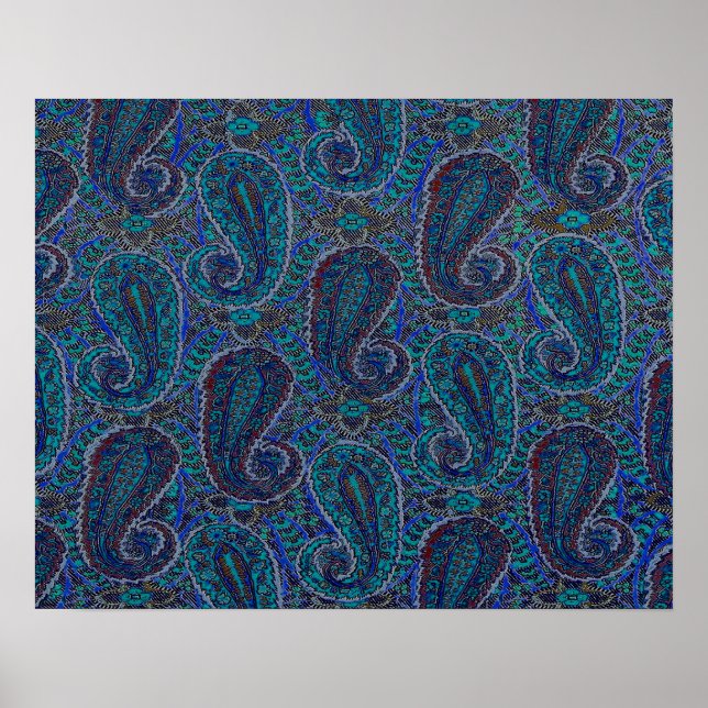 Pôster Padrão de Arte Boho Índio Azul Paisley (Frente)