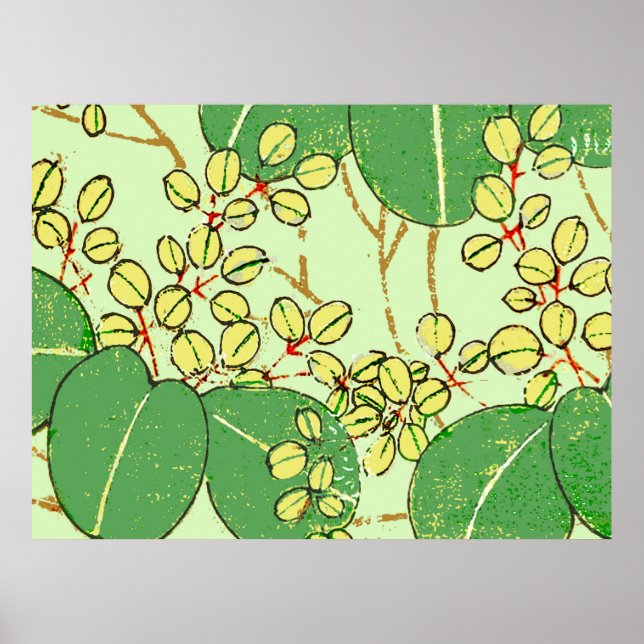 Poster Padrão de Arte Botânica Floral de Folha Japonesa (Frente)