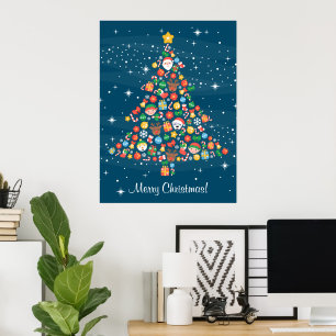 Poster Padrão de Árvore de Natal animado em Azul