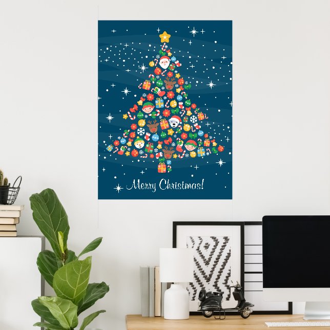 Poster Padrão de Árvore de Natal animado em Azul (Escritório em casa)