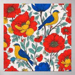 Poster Padrão de azulejos de arte popular de alta saturaç