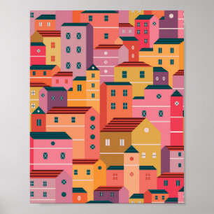 Poster Padrão de casas coloridas no estilo de design pla