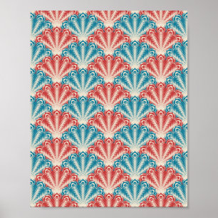 Poster Padrão de Cauda de Pavão Vermelho e Azul